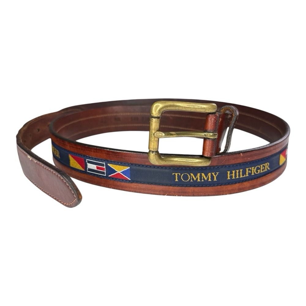 Vintage Tommy Hilfiger Men's 42 Leather Nautical Flag Belt Brown Sailing 90s
